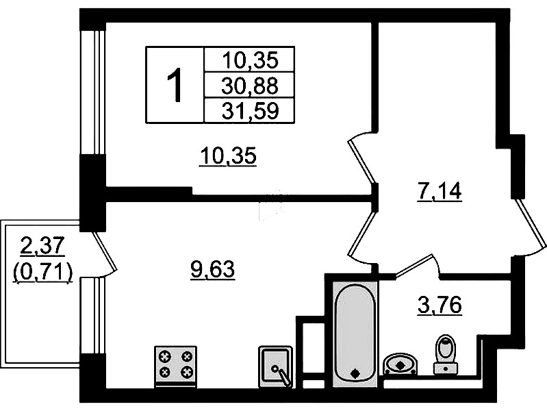 1-комнатная квартира 31.59 м², 7/12 эт., ЖК «Новые Лаврики»